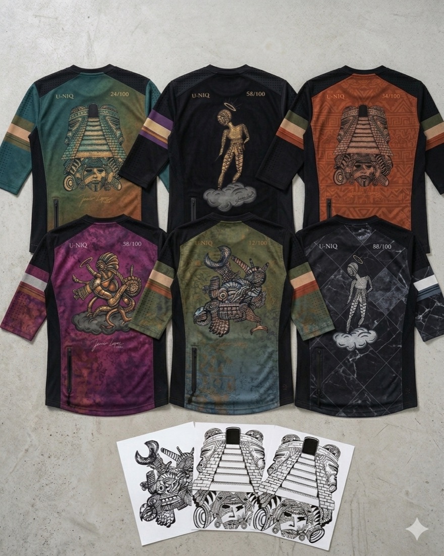 Six SHREAD jersey concepts arranged on concrete