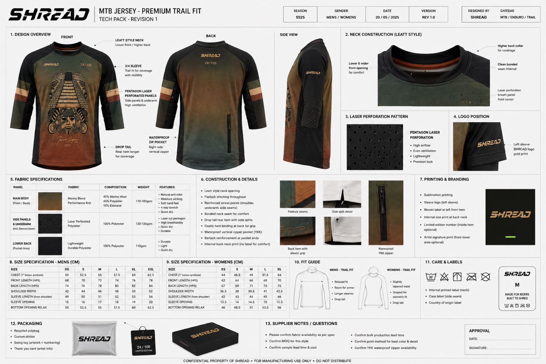 SHREAD MTB jersey premium trail fit manufacturing tech pack with design overview, fabric specifications, construction details, sizing, fit guide, care labels, packaging, and approval notes